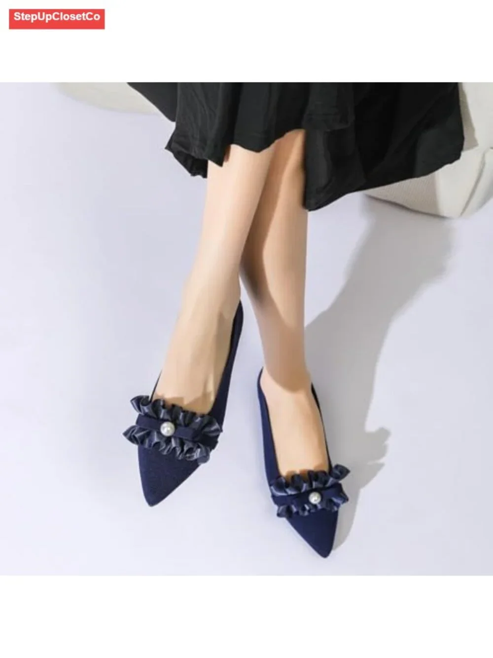 Pointed Toe Ballet Flats with Pearl Bow - Memory Foam Knit Slip-on Shoes